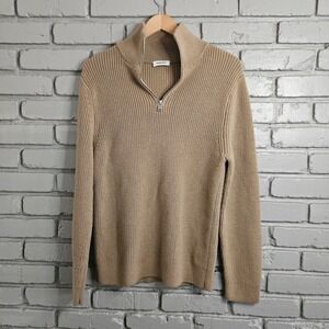 Sandro Mens Tan Ribbed Quarter Zip Mock Neck Sweater Camel Brown Long Sleeve